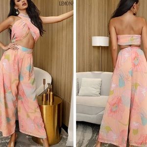 SHEIN Floral Print Halter Top & Wide Leg Pants Set